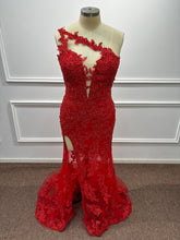Long One Shoulder Mermaid Lace Red Evening Formal Dresses with Slit
